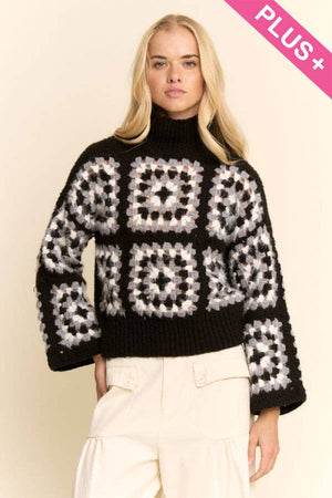 Plus Size Granny Square Cropped Turtleneck Sweater Top