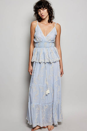 Embroidered Viscose Smocked Waistband Maxi Skirt