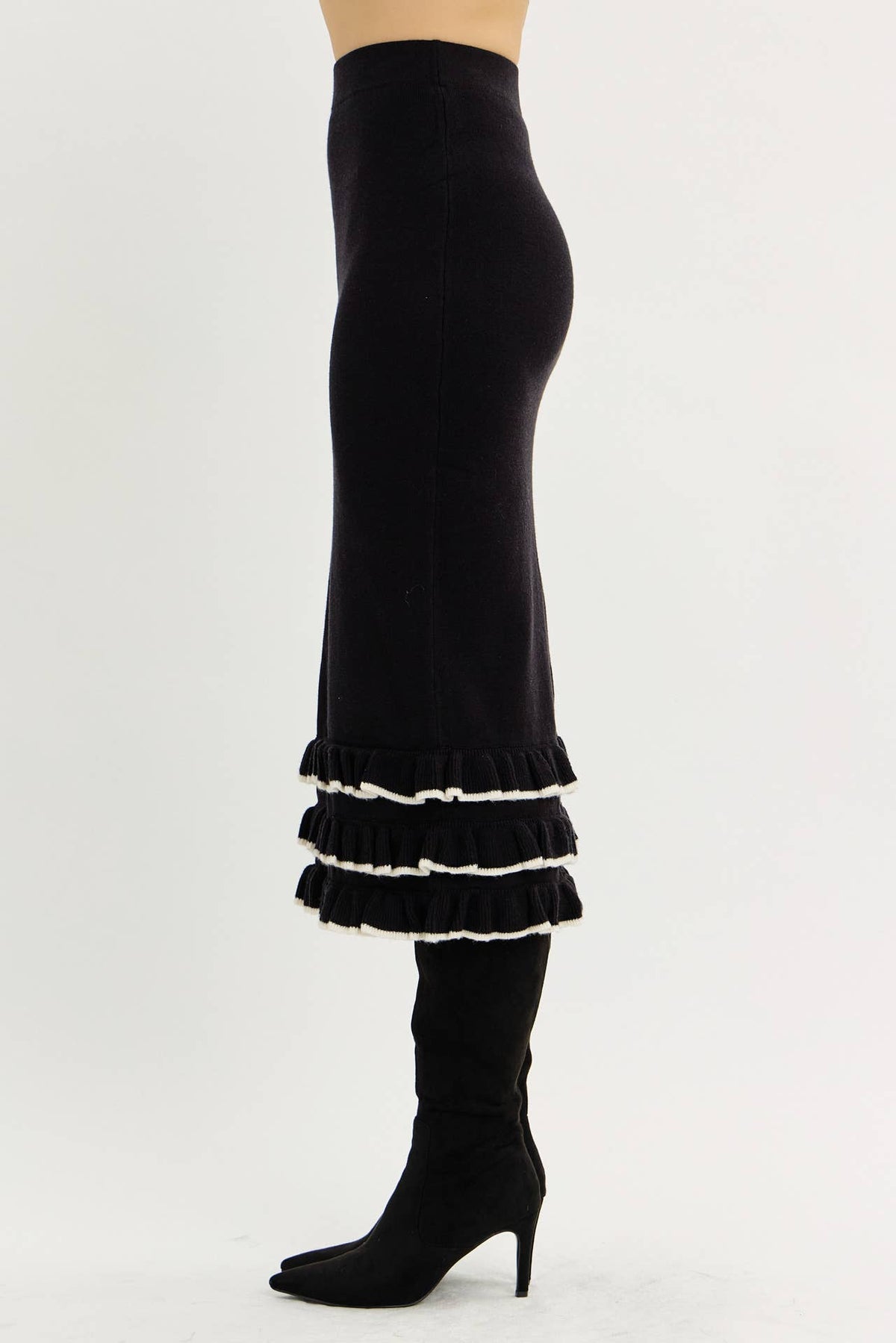TIERED RUFFLE MIDI SWEATER SKIRT WITH BACK SLIT
