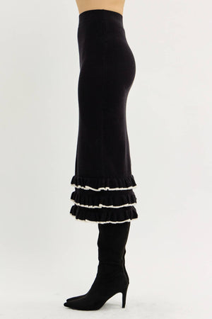 TIERED RUFFLE MIDI SWEATER SKIRT WITH BACK SLIT