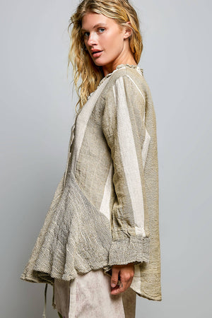Ruffled Linen Deep V-Neck Striped Top