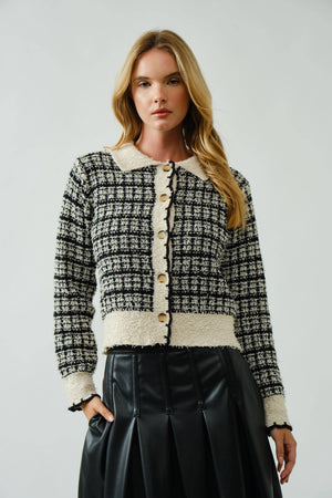 Tweed Style Button Down Cardigan With Scallop Detail