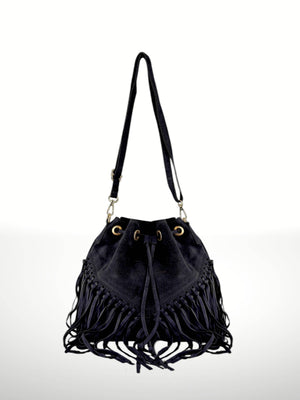 Emanuela Suede Leather Fringe Bag - Gray