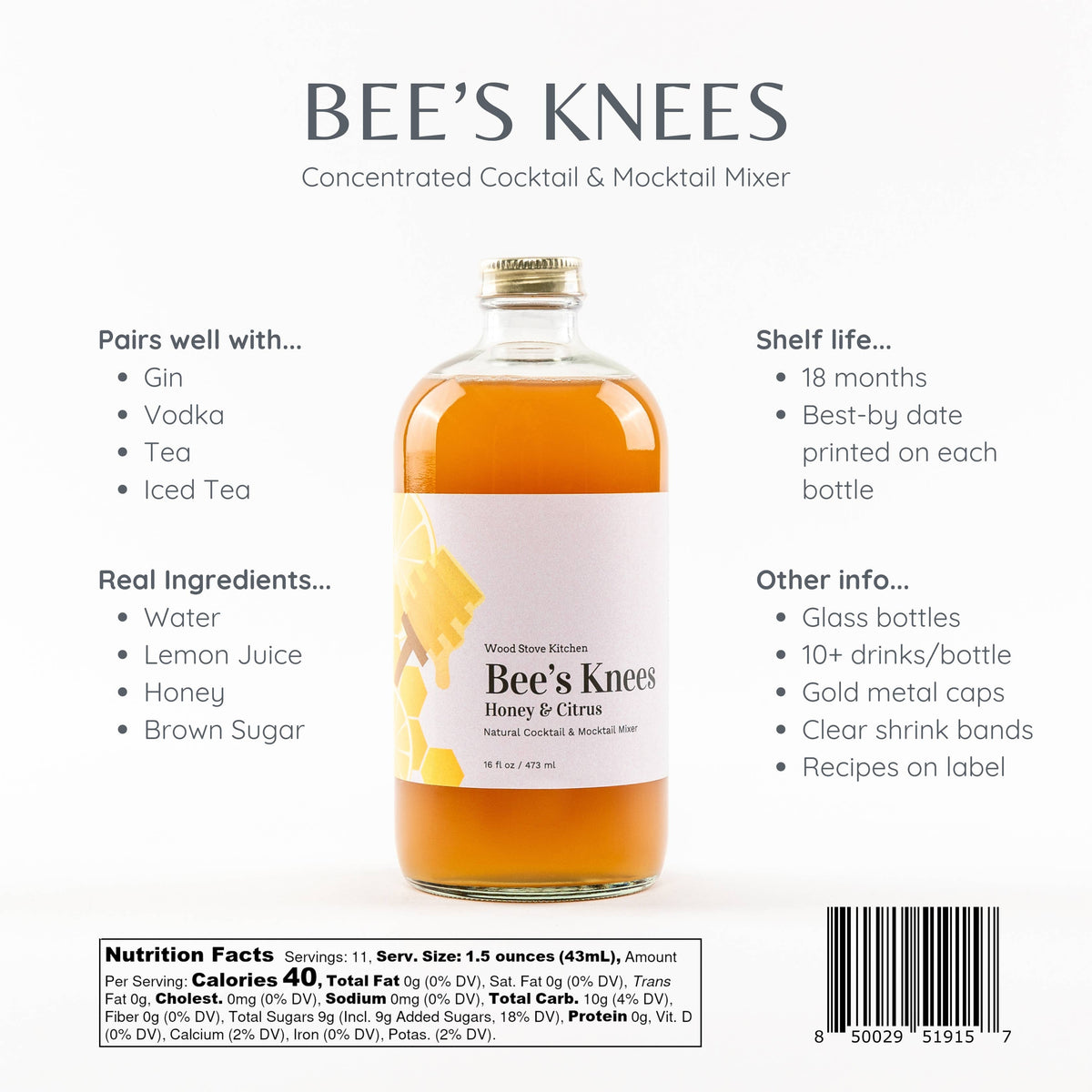 Bee's Knees Cocktail and Mocktail Mixer 16 fl oz