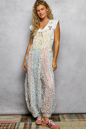 Boho Floral Lace-Trim Front-Zip Overalls
