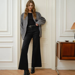 Black High Rise Wide Leg Jean with Raw Hem