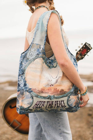 Peace Out Turquoise Linen Tote Bag with Doves and Sunrise