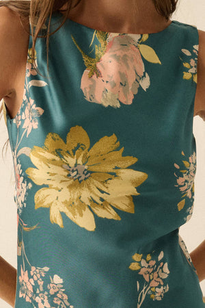 Teal Floral-Print Satin Bias-Cut Cowl-Back Maxi Dress