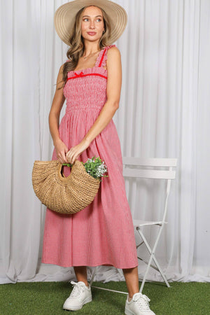 Velvet Trim Strap 100% Cotton Gingham Midi Dress VD83286