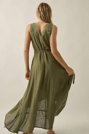 Lace-Trimmed Cotton Gauze Sleeveless Wrap Maxi Dress