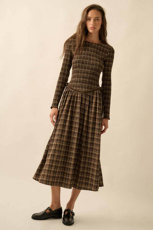 Plaid Long-Sleeve Smocked Drop-Waist Midi Dress