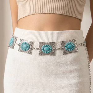 Ornate Western Turquoise Cluster Square Concho Chain Belt