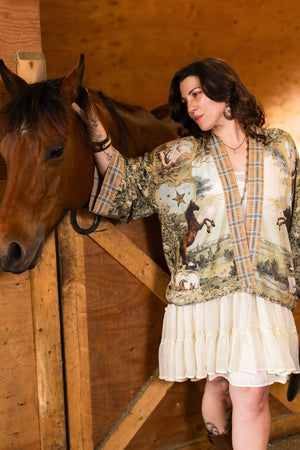 Born to Run Pixie Duster Crop Kimono w/ Horse & Flower Print