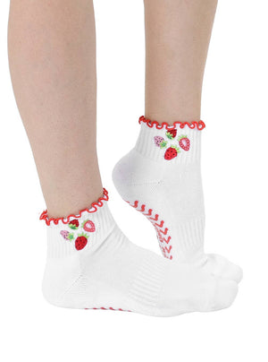 Strawberry Ruffle Grip Ankle Socks – White