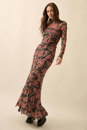 Floral-Print Mesh Godet Mermaid Maxi Skirt