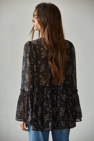 Chiffon Sheer Floral Blouse - Black