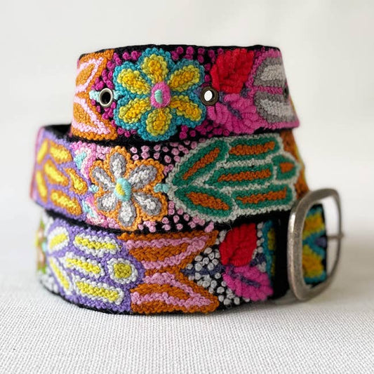 Folklorica Floral Embroidered Wool Belt - Black