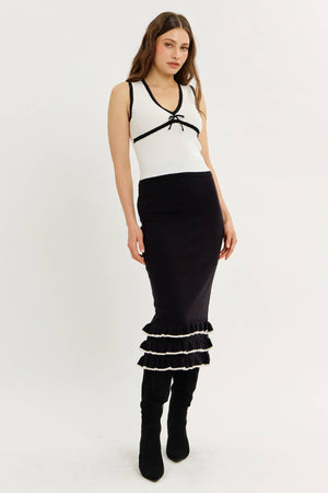 TIERED RUFFLE MIDI SWEATER SKIRT WITH BACK SLIT