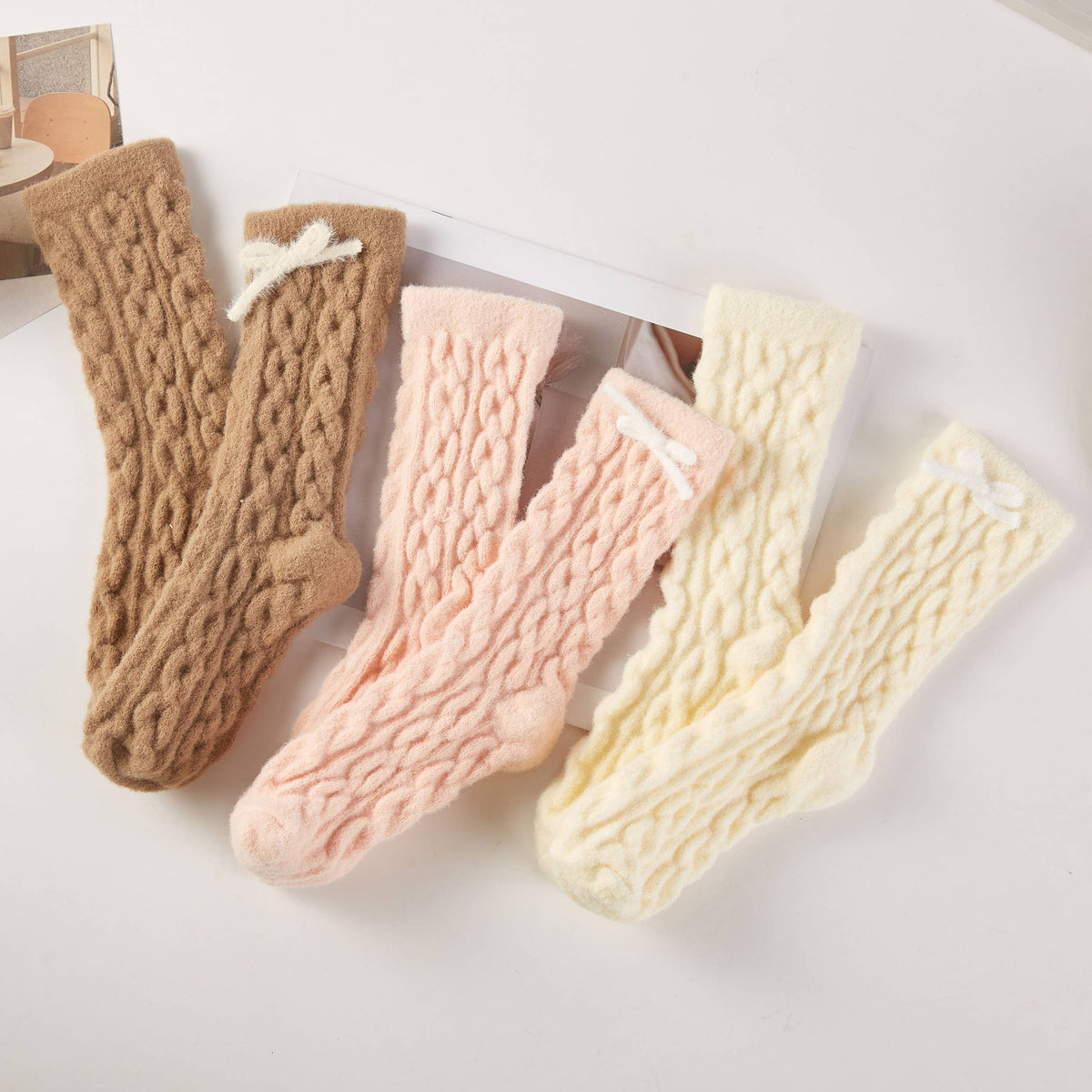 Cable Texture Plush Fuzzy Socks with Gift Box (3 Pairs)