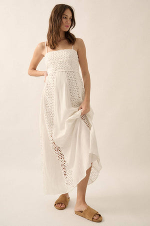White Crochet Lace and Crepe Paneled Maxi Dress