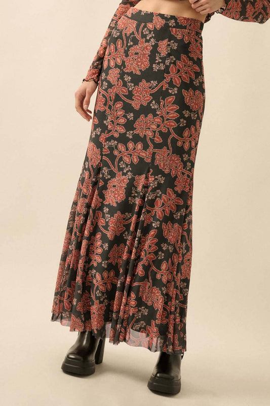 Floral-Print Mesh Godet Mermaid Maxi Skirt