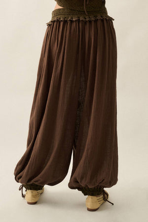 Cotton Gauze and Lace Drawstring Balloon Pants
