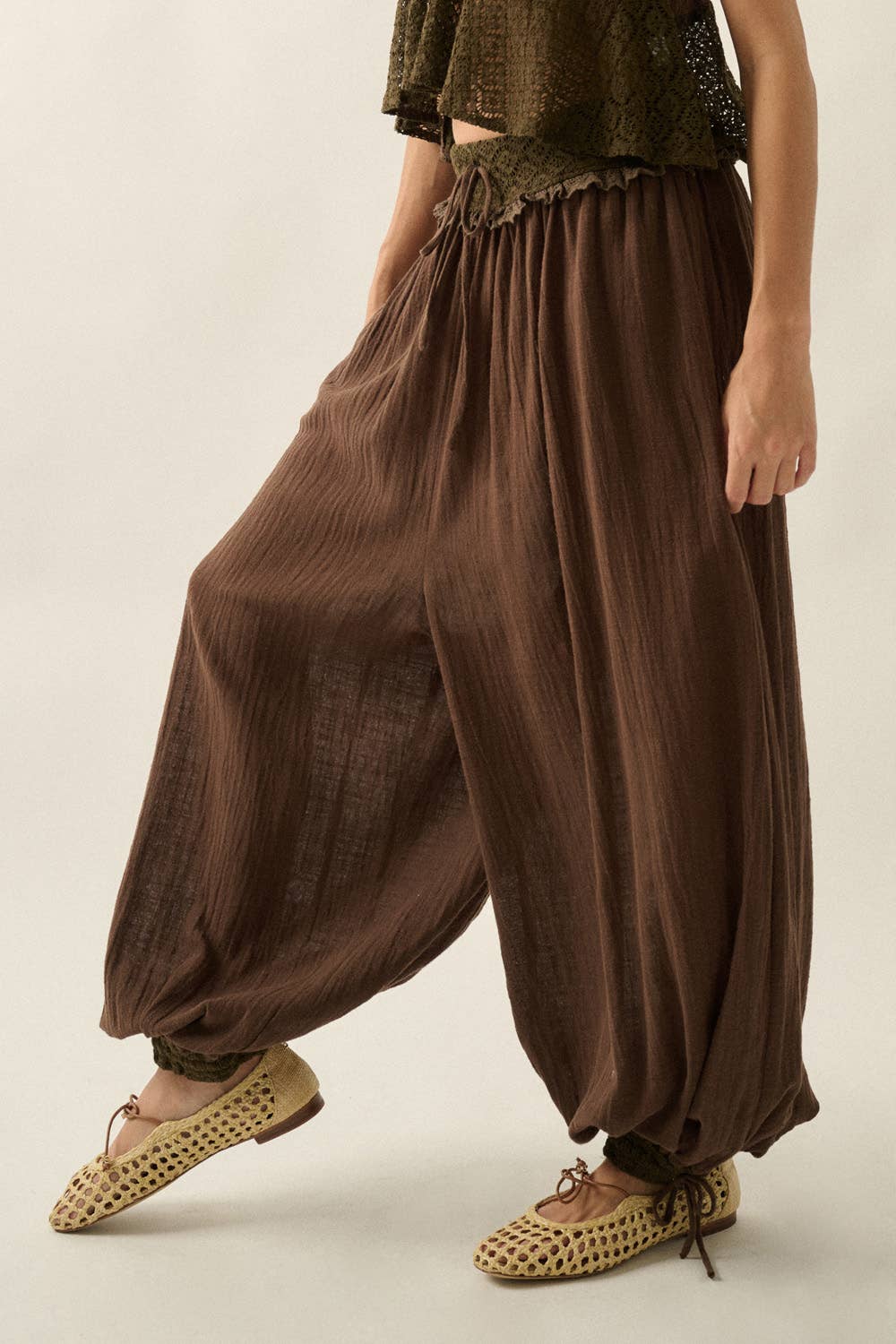 Cotton Gauze and Lace Drawstring Balloon Pants