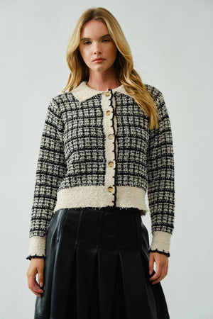 Tweed Style Button Down Cardigan With Scallop Detail