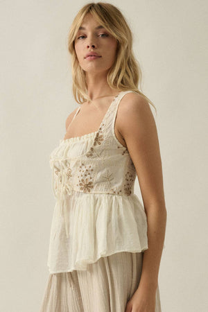 Floral-Embroidered Tie-Front Peplum Peasant Tank Top