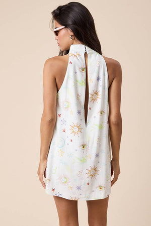 LINEN GALAXY TURTLE NECK CUTOUT PLAIN MINI DRESS