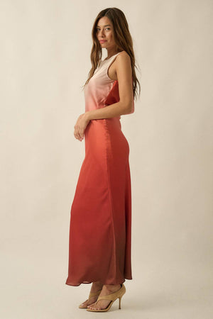 Ombre Satin Bias-Cut Sleeveless Cowl-Back Maxi Dress