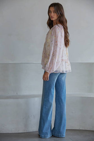 Chiffon Floral Print V-Neck Long Sleeve Top
