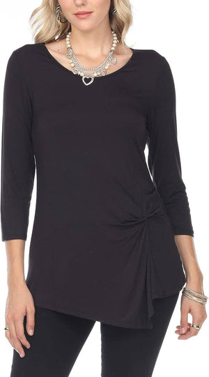 Women 3/4 Long Sleeve V Neck Twisted Knot Casual Top Black