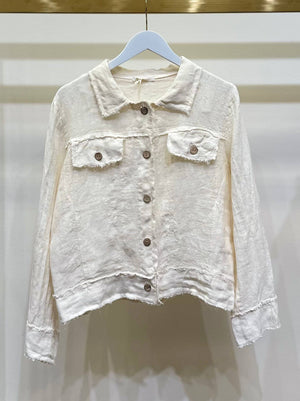 Fringe Hem Button Down Linen Jacket