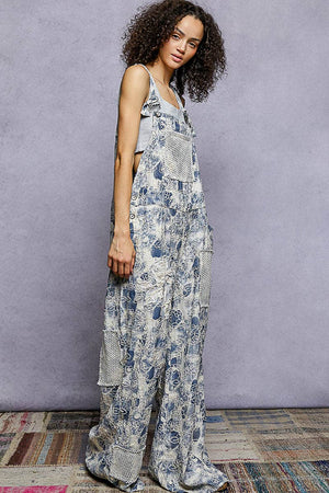 Floral Embroidered Woven Overalls with Crochet Mesh Patches