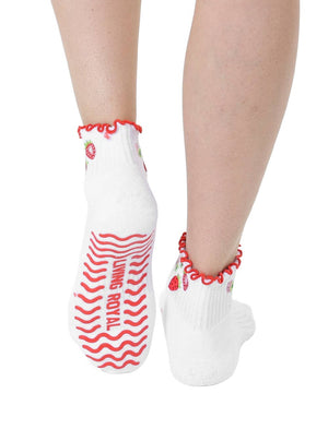 Strawberry Ruffle Grip Ankle Socks – White