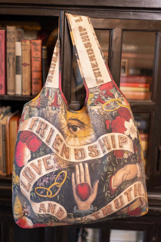 Friendship Love & Truth Vintage Heart Print Linen Tote Bag