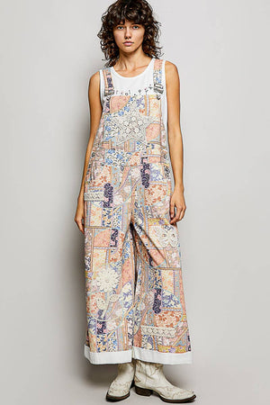 Floral Crochet Pearl Patch Roomy Fit Twill Overalls