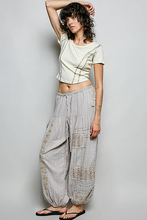 Floral Embroidered Drawstring Joggers with 3D Lace