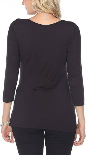 Women 3/4 Long Sleeve V Neck Twisted Knot Casual Top Black