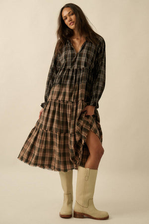 Ombre Plaid Flannel Tiered Ruffle Midi Dress