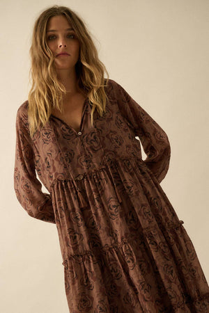 Floral Tiered Ruffle Bubble-Sleeve Midi Dress