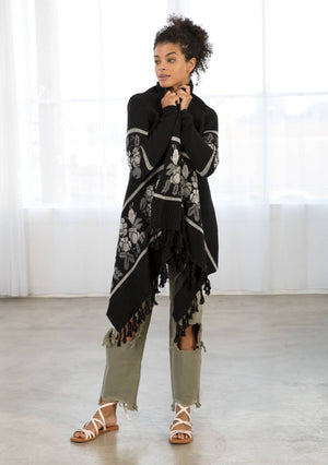 Western Floral Knit Fringe Trim Cardigan