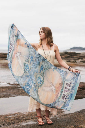 Peace Out Scarf with Doves and Sunrise