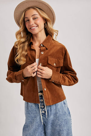 CORDUROY CROPPED BUTTON DOWN SHIRT JACKET