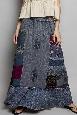 Print Patch Vintage Washing Ruffle Long Skirt