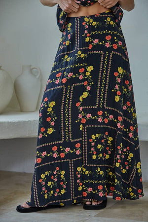 Woven Rayon Spandex Floral Print Midi Skirt