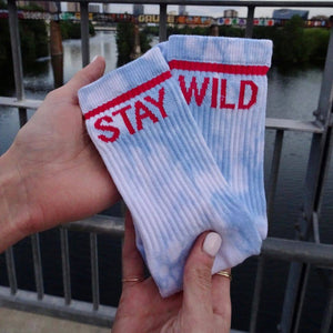 “Stay Wild” Crew Socks – Blue Tie Dye by Atticus Poetry