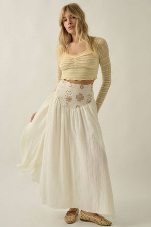 Floral-Embroidered Drop-Waist Yoke Maxi Skirt