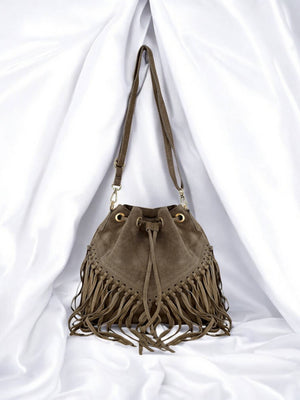Emanuela Suede Leather Fringe Bag - Gray